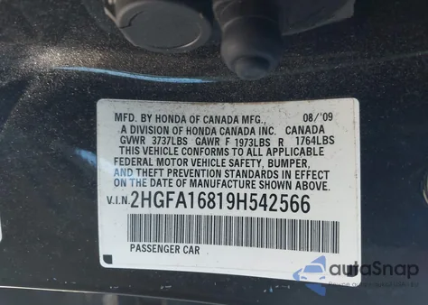 2009 Honda Civic Ex из США, поврежденный, VIN 2HGFA16819H542566